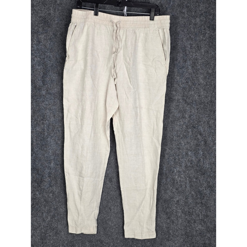 HM Linen Blend Drawstring Pants Women‎ Sz L Beige Lightweight Casual Trousers
